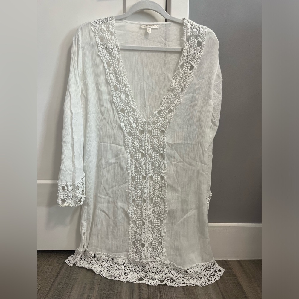 La Blanca White linen cover up with crochet pattern detailing